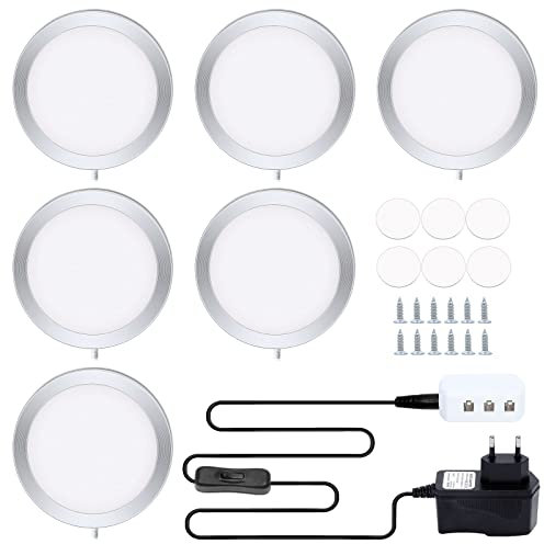 kioooki Warmweiß Led Unterbauleuchte Küche, Rund Schrankbeleuchtung mit Kabel, LED Vitrinenbeleuchtung Küchenlampen für Kabinett Schränke Weinschrank Kleiderschrank