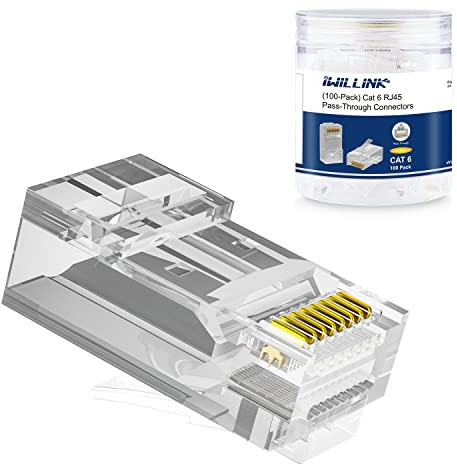 iwillink 100-Pack Unshielded RJ45 Cat6 Pass Through Connectors | RJ45 Connectors, Gold Plated Ethernet Insert Crimp Connectors, UTP Network Plug for Solid Wire and Standard Cable