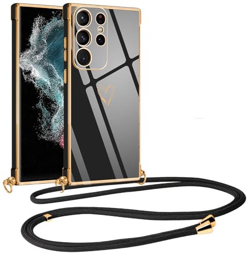 Vauki Handykette für Samsung Galaxy S22 Ultra 5G Hülle mit Band, Handyhülle Silikon Schwarz mit Herz Motiv, Ultra Dünn Stoßfeste Aesthetic Case mit Kordel zum Umhängen für Samsung S22 Ultra 6.8