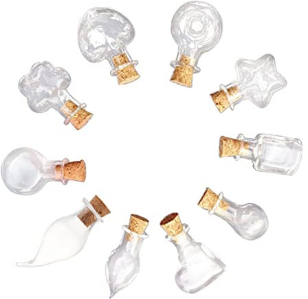 50Pcs Mini Glass Bottles with Cork Lids, 10 Shapes Tiny Glass Jars, Wishing Bottles, Small DIY Decorative Craft Vials for DIY Crafts Party Weddings Decoration Storage Accessories