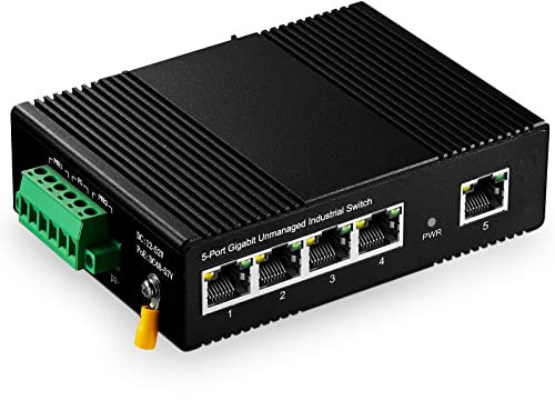 Binardat 5 Port Gigabit Din Rail Industrial Ethernet Switch, 4 Ports and 1 Uplink 10/100/1000Mbps, Fanless Wall Mount, with One Power Supply…