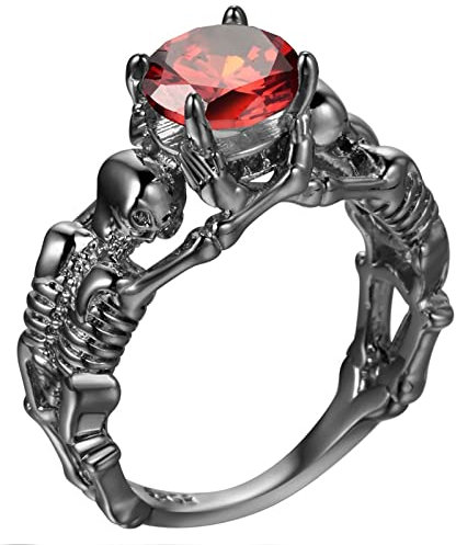 Musihy Damenring Ausgefallen, Verlobungsring Zirkonia Ring Schwarz Totenköpfe mit Rotem Zirkonia Verlobungsring Damen 62