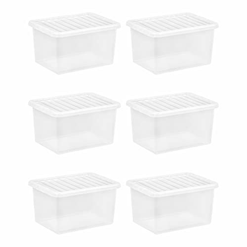 (Set of 6) 25L Litre Crystal Clear Transparent Plastic Storage Box With Lid Storage Container Stackable & Nestable Container Great For Living Room Shoes Toys Garage Office Home & Kitchen