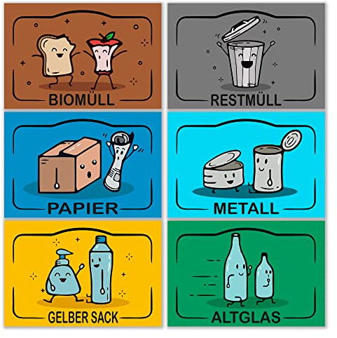 GamesMonkey® - Set of 6 Rubbish bin stickers - Recycling Wastemülleimer Aufkleber - DE - v2 Small - Organic Waste, Yellow Bag, Paper, Residual Waste, Waste Glass Wheelie (8,5 x 5,5 cm, 6 Stücke)