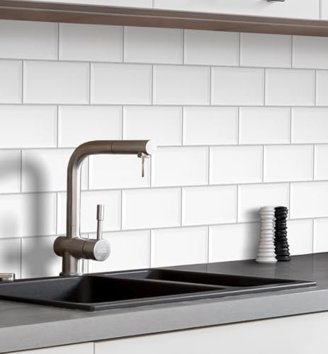 MyMaxxi Küchenrückwand Folie selbstklebend matt - einfache Montage ohne Bohren 0,4mm stark Versteift - Motiv Fliesen Wand Weiß 60cm hoch - Spritzschutz Küche Klebefolie - Helle Ziegel 280 x 60cm