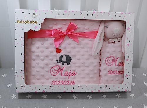 BotoBaby ★ GESCHENKSET Babydecke mit Namen und Datum Bestickt + Schmusetuch ★ Geschenk ★Geburt ★ Taufe ★ (Set 2)