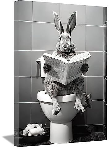 LZIMU Badezimmer lustiges Kaninchen Bild auf Leinwand Kaninchen sitzt auf der Toilette und liest Zeitung Leinwand Bild Schwarz Weiß Poster Wanddekoration Gerahmt(5, 30x45cm)