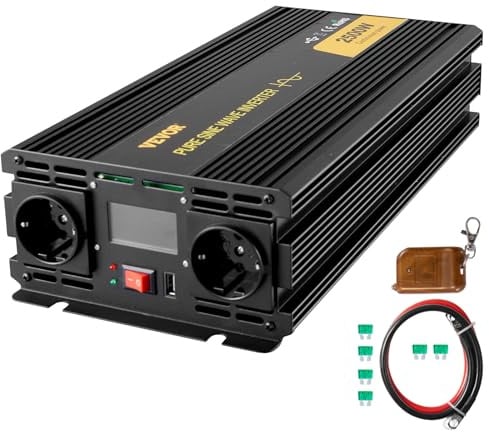 VEVOR Convertitore sinusoidale puro DC 12 V a AC 230 V, convertitore sinusoidale puro 2500 W, inverter a onda sinusoidale con display LCD, tensione pura, protezioni di sicurezza con telecomando e cavo
