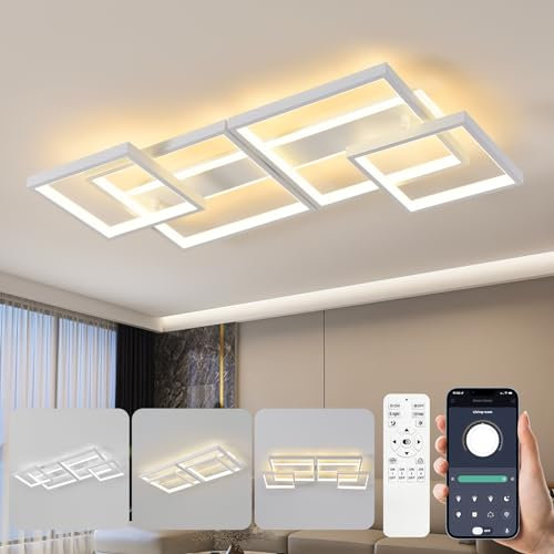 LED Deckenleuchte,Dimmbar Deckenlampe Mit Fernbedienung APP,Einstellbar Quadrat Wohnzimmerlampe 4 Flammig Kronleuchter Lampe,48W 3000-6500K Deckenbeleuchtung für Schlafzimmer Wohnzimmer,Weiß 86cm