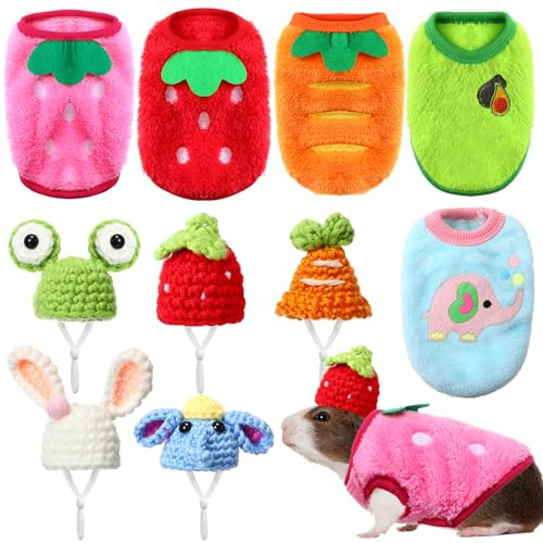 Clysee 10-teiliges Meerschweinchen-Kleidungs-Set, 5 Meerschweinchen-Kostüm-Outfit, 5 niedliche Mini-Hüte mit verstellbarem Riemen, warme Weste, Pullover, gemütliche, Handgestrickte Mütze für Hamster
