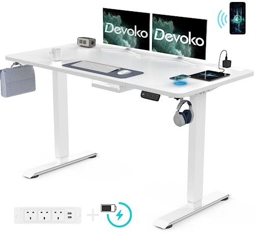 Devoko 160 x 80 cm Höhenverstellbarer Schreibtisch, Elektrisch Schreibtisch, mit Induktions-Ladegerät, Elektrisch mit Memory-Steuerung un Sitzende Erinnerung, 3 Steckdosen, 4 x 360°-Rollen (grau)