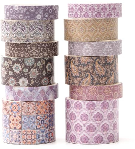 KAVI' S 12 Rollen Washi Tape Set Klebeband Papier Dekorativ Masking Tape Klebeband Bunt für Scrapbooking Handwerk Handwerk (Amethyst Elegance)