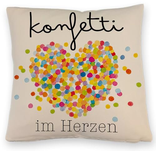 speecheese Konfetti im Herzen Karneval Geschenk Kissen mit Leinenoptik Fasching Herz Buntes Kostüm Motiv Schlafzimmer Bett Deko Fasnet Fasching