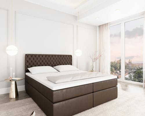Sofa Dreams Leder Boxspringbett Lederbett Mejorada Komplettbett mit Matratze und Topper - Bett in Premium Kunstleder (Dunkelbraun, 180x200 cm)