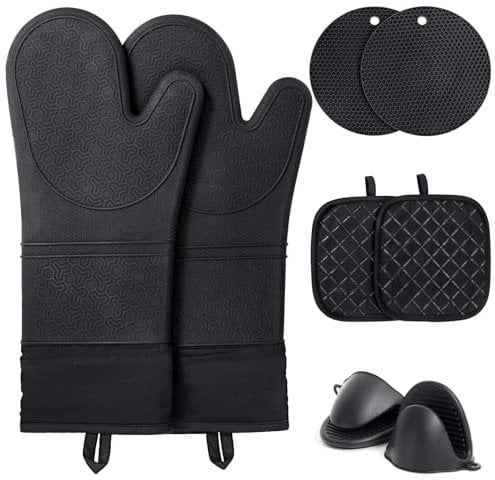 Funnydin Silicone Oven Mitts Set, Non-Slip And Heat Resistant, Include Cooking Potholder and Air Fryer Gloves