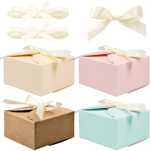 20 Stück Geschenkbox Set Pastell Wellig mit Band, Pappschachteln mit Deckel Geschenkbox Quadratisch Kleine Kraftpapier Box für DIY Geschenk, Hochzeit, Party, Geburtstags Box, Gebäck (9×9×5cm)