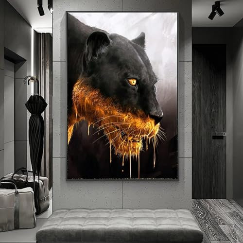 HIPWST Leinwandbild, Motiv: Jagd, schwarzer goldener Panther, Tierposter und Druck, Wandkunst, Bilder, Wohnzimmer, Heimdekoration, 80 x 120 cm, rahmenlos