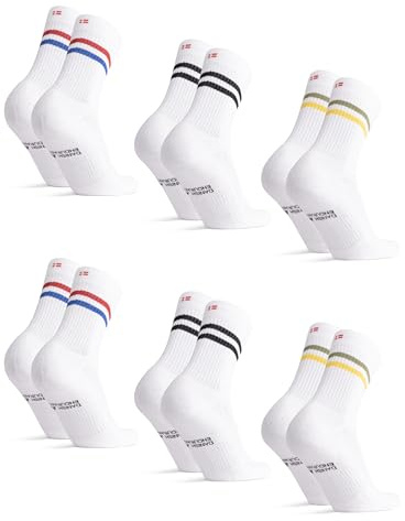 DANISH ENDURANCE Retro Tennissocken aus Bio-Baumwolle 6 Paar, Sneaker Socken, Mehrfarbig (2xSchwarze Streifen, 2xGrün/Gelbe Streifen, 2xRot/Blaue Streifen) 48-51