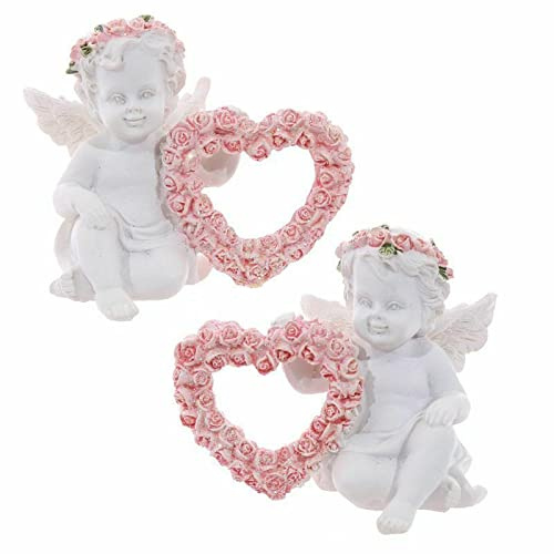 Ensemble de 2 Statues D'ange en Résine Chérubins, Décoration de Jardin Intérieur et Extérieur, Parfaite pour la Famille, 12 * 8 * 10 Cm, Blanc, avec Couronne de Roses en Cœur