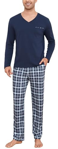 Bresdk Schlafanzug Herren Lang Baumwolle Hausanzug V Ausschnitt Langarm Pyjama Nachtwäsche Winter Karierte Pyjamahose, Dunkelblau, M