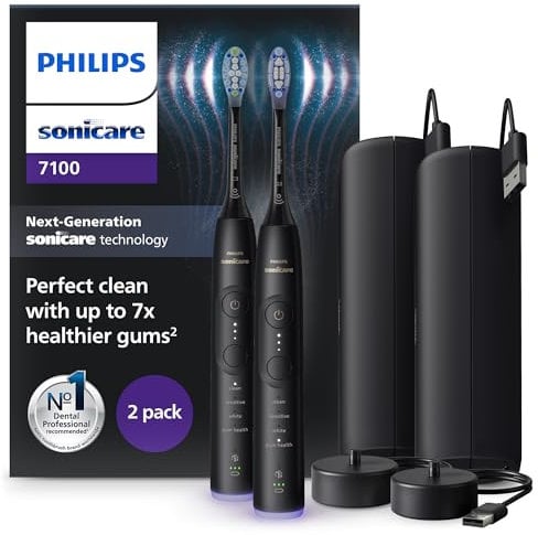 Philips Sonicare 7100 elektrische Zahnbürste, Schallzahnbürste mit App, 4 Putzmodi, 3 Intensitätsstufen, Andruckkontrolle, EasyStart, SmarTimer, Schwarz, 2er-Pack, Modell HX7429/03 [Neue Technologie]