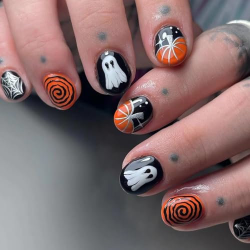Danshinbow 24pcs Halloween pressing Nails court faux ongles Pumpkin Ghost Design mignon cosplay faux ongles brillants pour les femmes (Couleur orange, 0.04 ml)