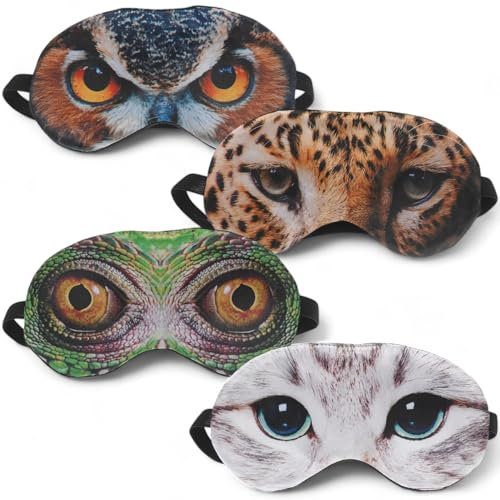 MIJOMA 4er Set Schlafmasken aus Satin und Plüsch, Tieraugen-Design, Katzen, Leopard, Eule, Chamäleon, Bequemes Gummiband, Perfekt für Reisen und Zuhause