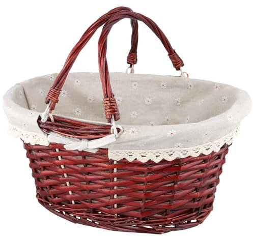 FUNSUEI Cestino da picnic in vimini con manico, cestino con fodera, piccolo cestino in tessuto per la conservazione, decorazione, 36 x 28 x 17 cm
