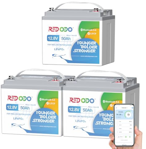 Redodo 12V 50Ah 3 Pack Bluetooth Batterie LiFePO4,Batterie Lithium pour Moteur de Pêche à la Traîne,Protection Contre les Basses Températures,Légère et Portable,Parfaite pour Camping,Solaire,Bateau