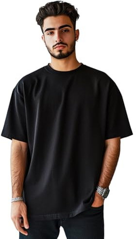 Mens 100% Cotton Oversized T-Shirt Plus Size Streetwear Baggy Style Top Dropped Shoulders Black Tall Tee (Black, L)