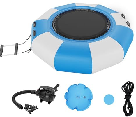 VEVOR Aufblasbarer Wassertrampolin mit Leiter, wasserdichte, Abriebfeste, Wassertrampoline 1,98 m Großen Sprungfläche, Sprungplattform-Wasserpark Pool Trampolin, Blau + Weiß 185 kg Tragfähigkeit