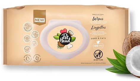 Pet Head Sensitive Soul Dog & Cat Wipes for Paws, Body & Face | Coconut Scent with Aloe Vera | Biodegradable, Plant-based and Plastic-free Wipes | An Easy & Speedy Freshen-Up | 100 pack