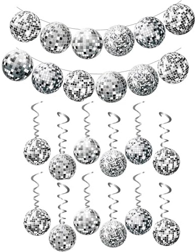 36 Pcs Set Disco Ball Decorations, Disco Party Decor 70s Disco Ball Hanging Swirls Disco Party Hanging Streamer Silver Ceiling Decor for Christmas Tree Wedding Dance Music Stage