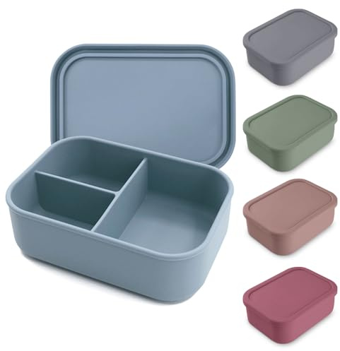 Chingcoo Fiambrera con compartimentos, fiambrera de silicona, fiambrera de 800 ml, para escuela, sin BPA, apta para microondas, apta para lavavajillas, fiambrera para niños con 3 compartimentos, color