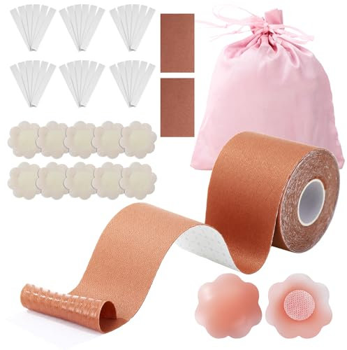 BUCOMTU Boob Tape, Nastro per Seno, con 2 Paia Copri Capezzoli, Reggiseno Adesivo per Busto Grande, per Abiti Scollati, Abiti Senza Schienale, per Coppe di Taglia A-E