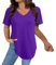 Generisch Camiseta de manga corta para mujer, cuello de pico, camiseta de punto informal, monocolor, tallas grandes, camiseta básica, blusa de tela supersuave, morado, XXL