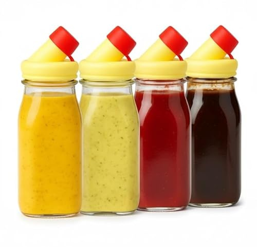 kitchentoolz Salatdressing-Shaker-Flasche – 340 ml Glasflasche mit Silikon-Ausgießer und manipulationssicherer Deckel für Saucen und Marinaden, 4 Stück