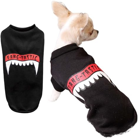 Dog Halloween Jumper, Pet Dog Sweater Fangtastic Halloween Dog Costume for Small Dogs Black Machine Washable Funny Holiday Party Outfit for Puppies XS/S -L33 x W17cm