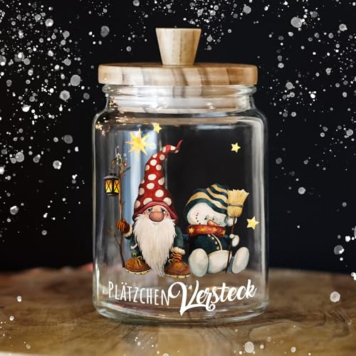 ilka parey wandtattoo-welt Keksglas Keksdose Vorratsglas Geschenkglas mit Zwerg Schneemann und lustigem Spruch Hat hier jemand Kekse gesagt? und Holzdeckel Geburtstag Geschenk ksglb26