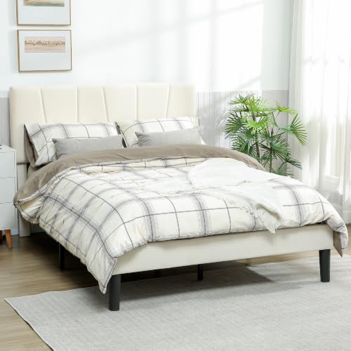 HOMCOM Cadre de Lit Double avec Sommier 140 x 190 cm Tête Réglable Crème | Lit 2 Personnes, Cadre Métallique, Rangement, Montage Facile