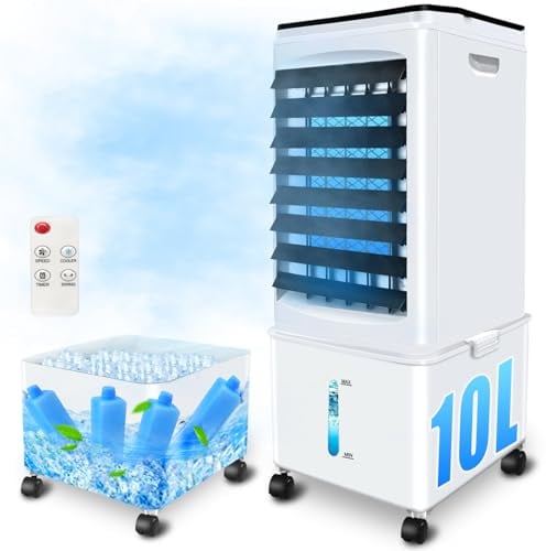 Klimagerät ohne Abluftschlauch, 10L 60W Klimaanlage Mobil mit 12H Timer, 40dB, 120°Oszillation, Abnehmbare Wassertank, Fernbedienung, Leise Portable Air Conditioner Cooler für Wohnung Zimmer Räume