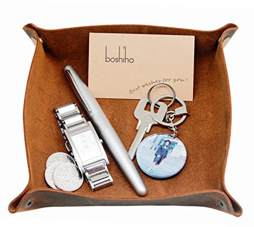 boshiho Valet Tray for Men, Leather Jewelry Catchall Key Phone Coin Box Change Caddy Bedside Storage Box (Crazy Horse Leather - Dark Brown)