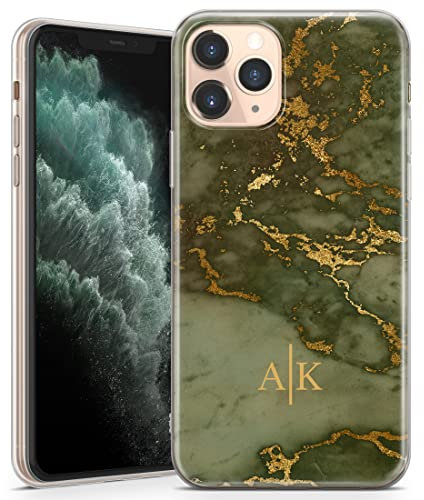 TULLUN Personalised Phone Case for iPhone 11 Pro - Clear Soft Gel Custom Cover Autumn Gold Marble Individual Style Initials Name Text - Green Gold Marble