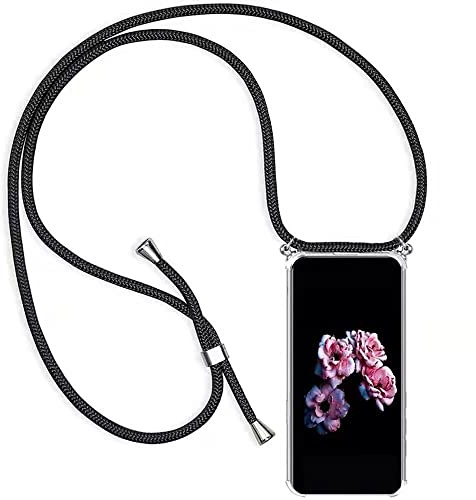 HongMan Handykette Handyhülle für Samsung Galaxy J6 2018 mit Band - Transparent Handy-Kette Handy Hülle mit Kordel zum Umhängen Handyanhänger Halsband Lanyard Case - Schwarz