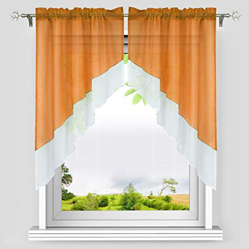 HeichkelL Voile Scheibengardine Bogen Set 2-Teilige Kleinfenster Vorhang Tunnelzug Kurzstores Doppelschichtige Küchengardinen Orange BxH 90x100 cm (Jedes Stück)