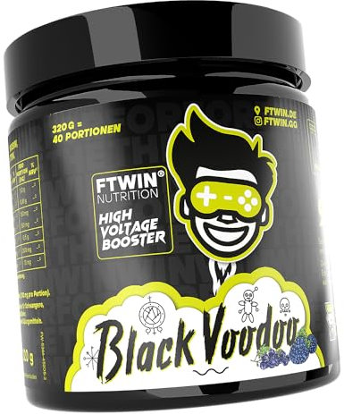 FTWIN HIGH VOLTAGE BOOSTER | Für GAMER und E-SPORTLER | REFLEX – FOCUS – ENERGY – ENDURANCE | 320 g = 40 Portionen (320 g, Black Voodoo)