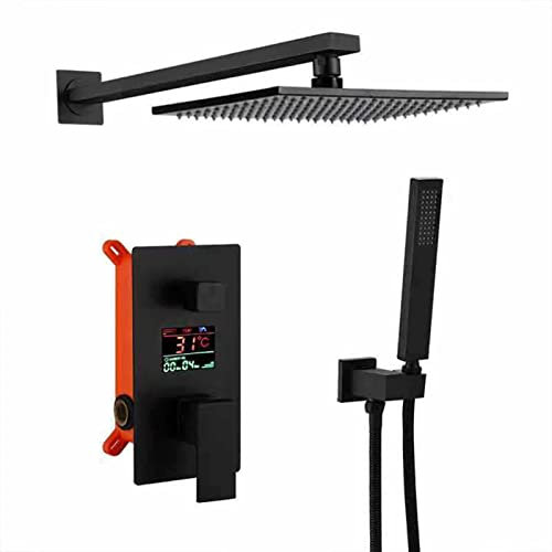 Duscharmatur Schwarz Unterputz mit Led-Bildschirmanzeige Duscharmatur Unterputz Quadrat Duschkopf Regendusche Duschsystem Regendusche