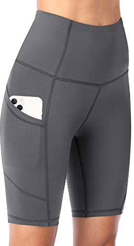 DDOBB Damen Radlerhose mit Taschen High Waist Sport Shorts Damen Sommer Kurze Sporthose Blickdicht Yoga Shorts Leggings Hose Gym Fitness Outdoor(Dunkelgrau,L)