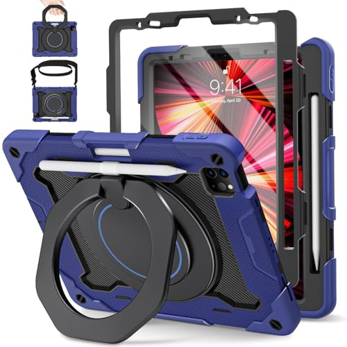ROISKIN Hülle für iPad Pro 11 Zoll 4./3./2./1. Gen (2022/2021/2020/2018) | For iPad Air 5/4, Stoßfeste Kinder Hülle mit Stifthalter, Bildschirmschutz, Drehbarer Ständer, Schultergurt, Marineblau