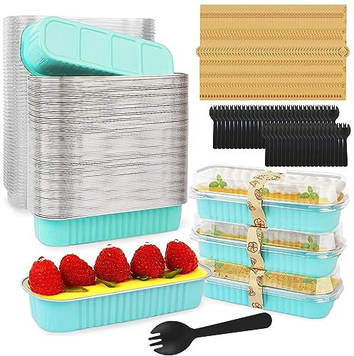 200Pcs/50Set Mini Loaf Pans with Lids Spoons and Stickers,200ML Aluminum Foil Baking Pans,Non-Stick Aluminum Mini Loaf Tins,Reusable Foil Bread Container Cake Baking Tins for Home Kitchen(Blue)